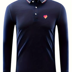 Men's Vintage Long Sleeve Polo Shirt Casual Button Up Polo Shirt