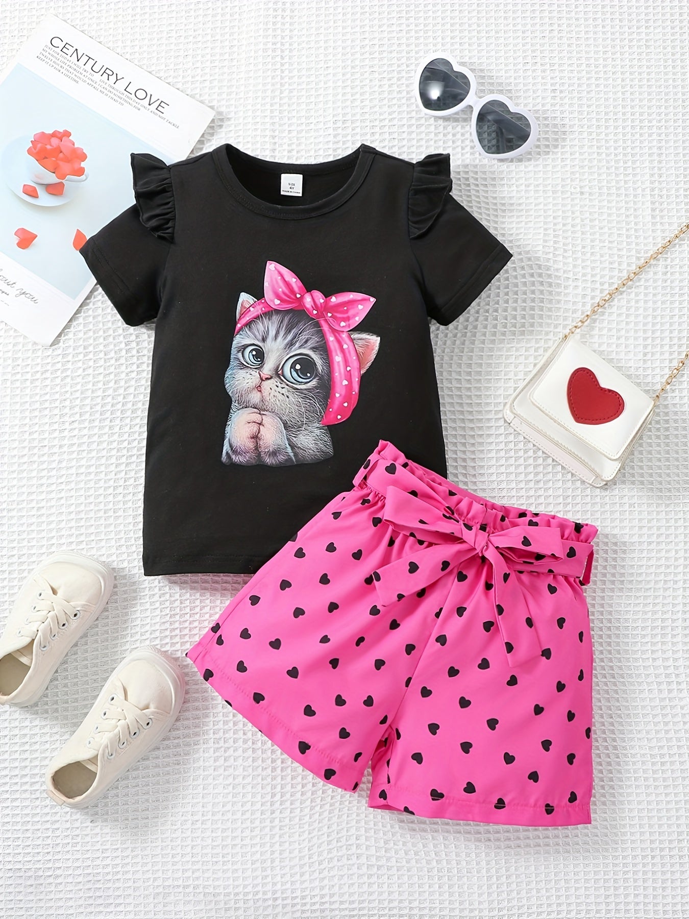 Girls Cat Graphic T-shirt & Heart Graphic Shorts Set for Summer Holiday Party
