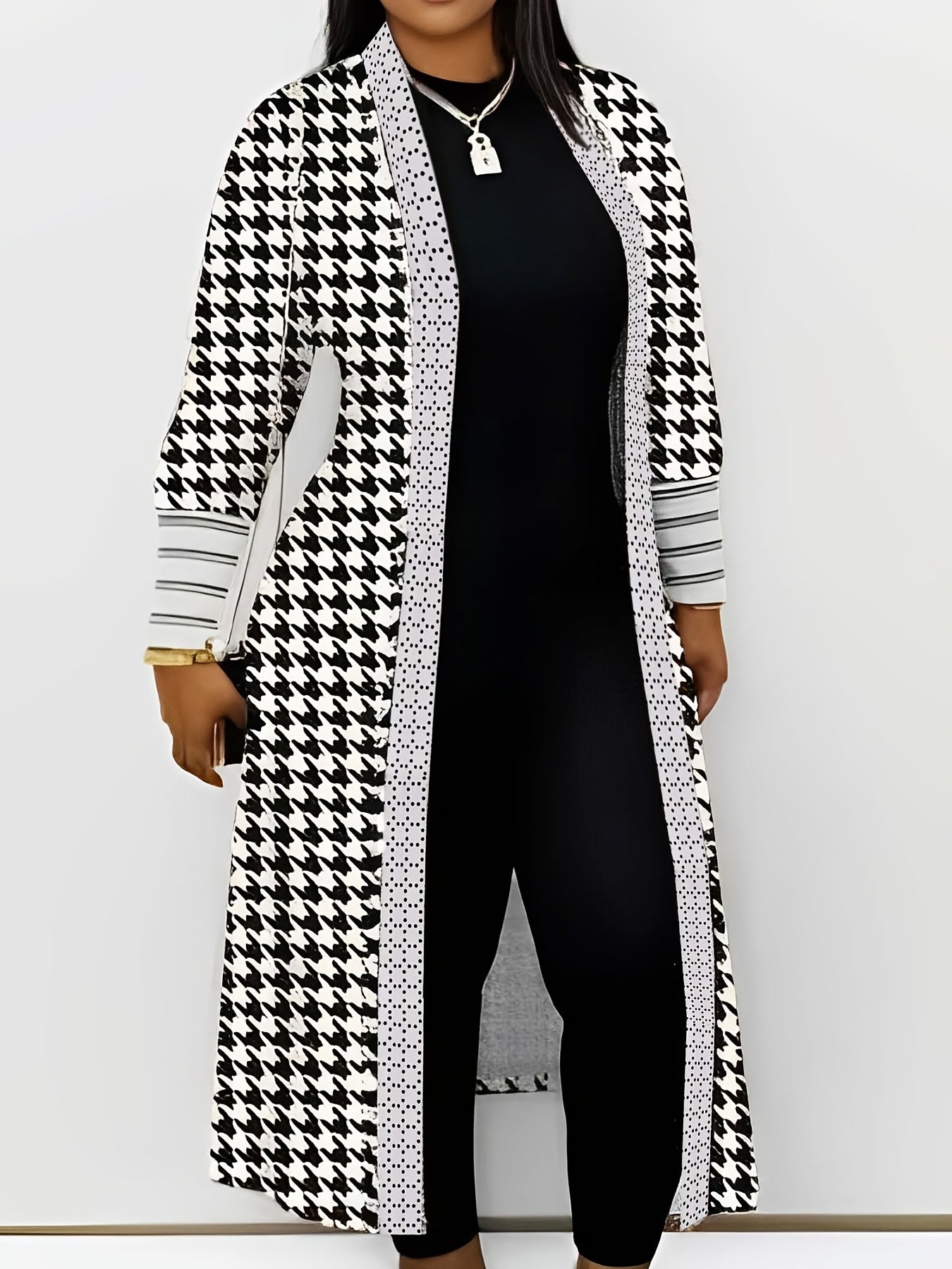 Houndstooth Open Front Cardigan Long Sleeve Knitwear for Fall
