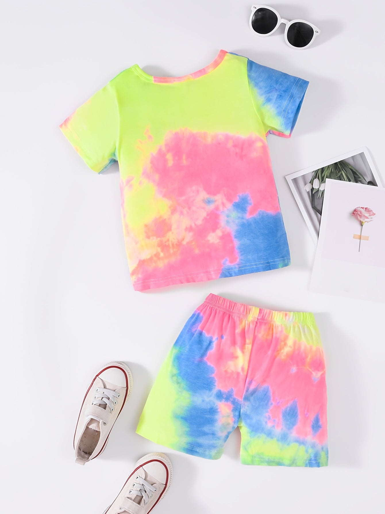2pcs Girls Rainbow Tie Dye T Shirts & Shorts Set Kids Summer Clothes