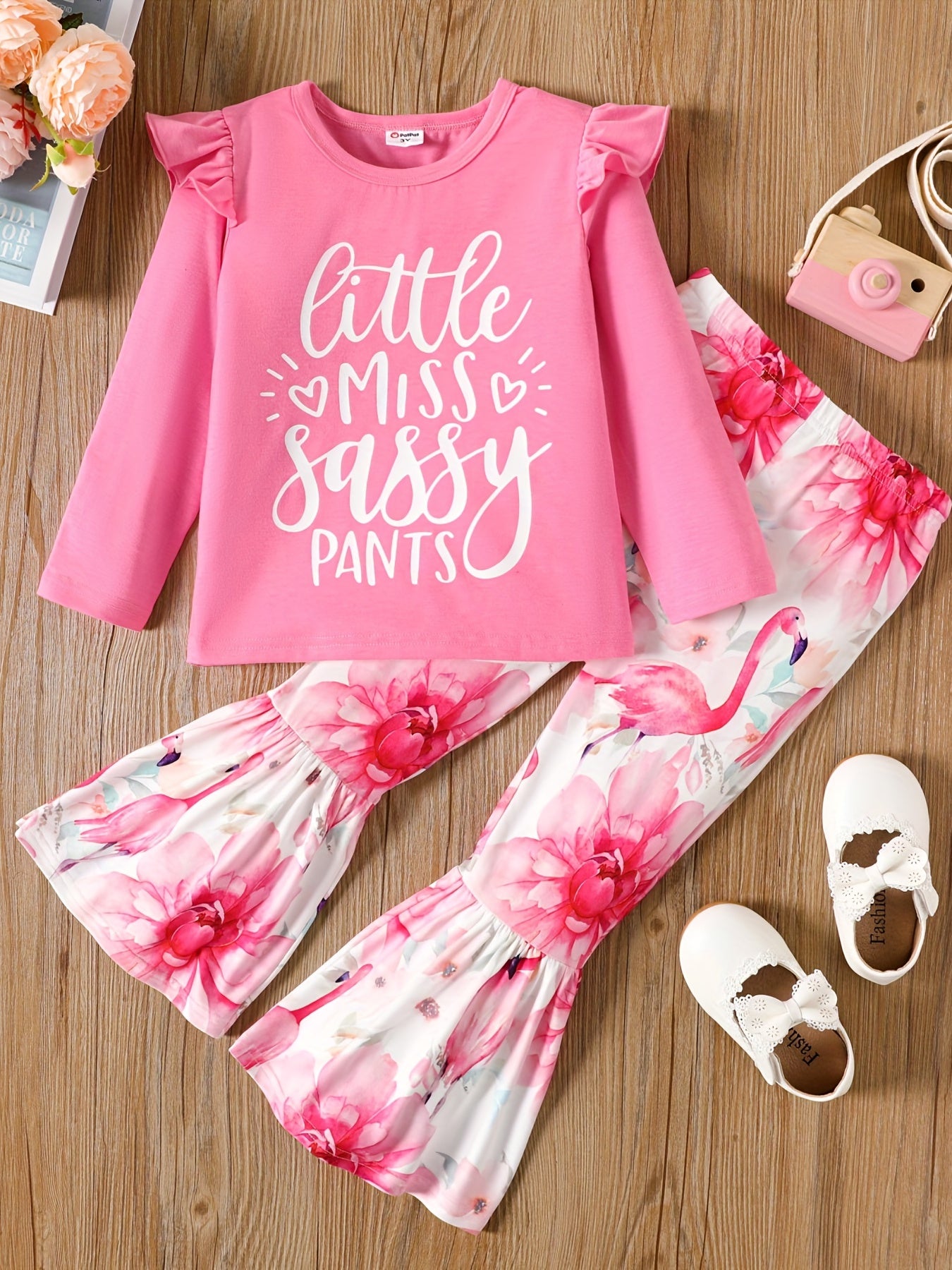 Girls Ruffle Shoulder Long Sleeve Top and Floral Print Flared Pants