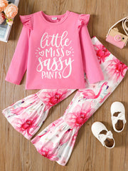 Girls Ruffle Shoulder Long Sleeve Top and Floral Print Flared Pants