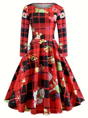 Christmas Dress Women's Plus Plaid Snowman Print Long Sleeve Round Nec