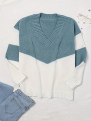 Colorblock V-Neck Sweater Long Sleeve Pullover