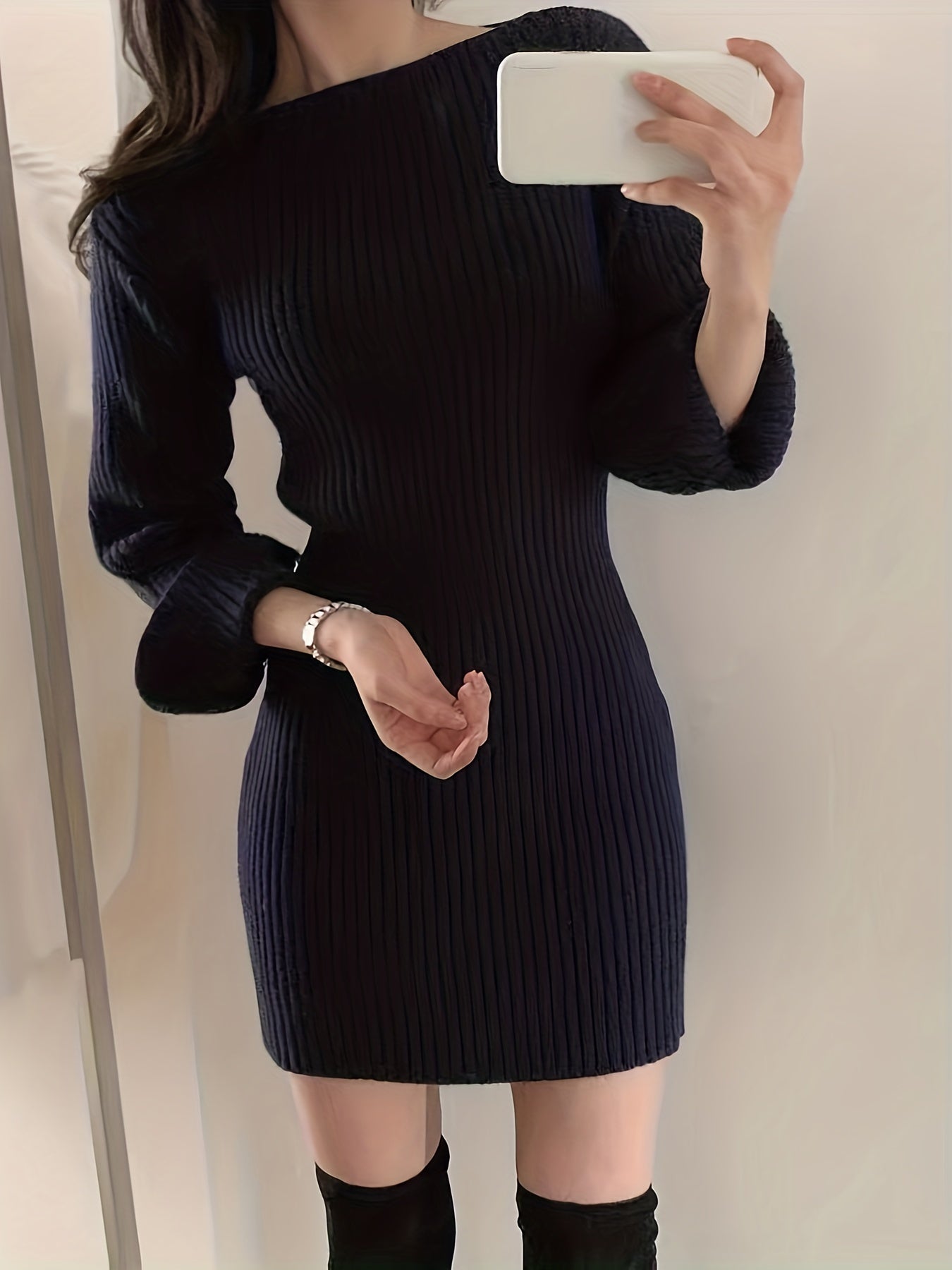 Boat Neck Sweater Dress Long Sleeve Bodycon Knitted Dress