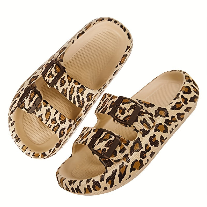 Leopard Print Slides Soft Sole Double Buckle Strap Bathroom Shoes