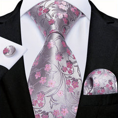 Retro Flowers Pattern Tie Set Classic Flower Necktie Hanky Cufflinks