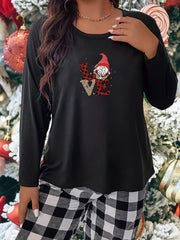 Christmas Gnome & Plaid Graphic Long Sleeve Crew Neck Tee