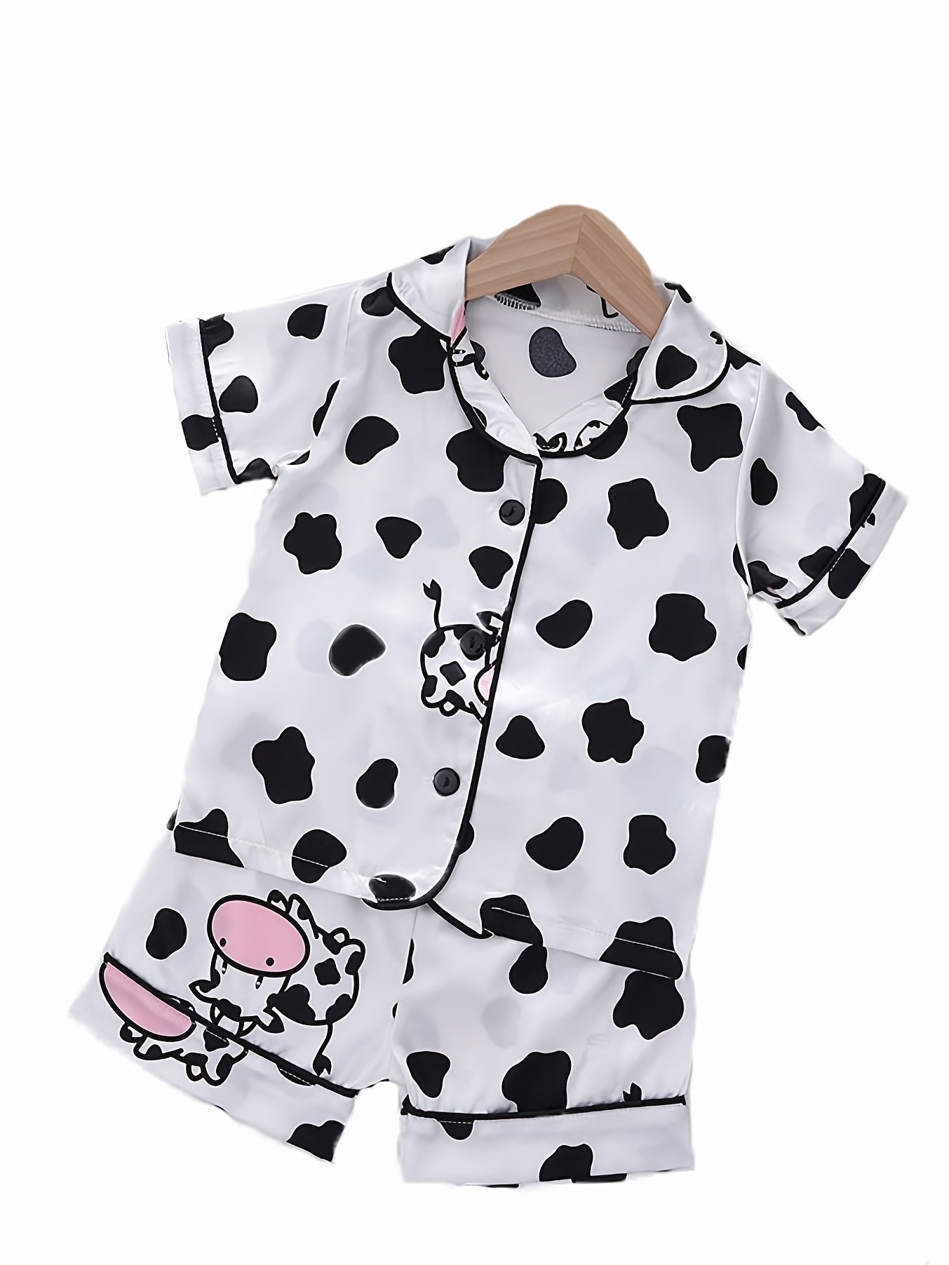 Kid's Cow Pattern Satin Pajamas 2pcs Set Toddler Girl's Loungewear