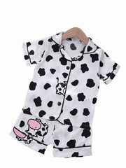 Kid's Cow Pattern Satin Pajamas 2pcs Set Toddler Girl's Loungewear