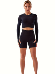 Yoga Workout Set Long Sleeve Top & High Waist Shorts Women's Activewear