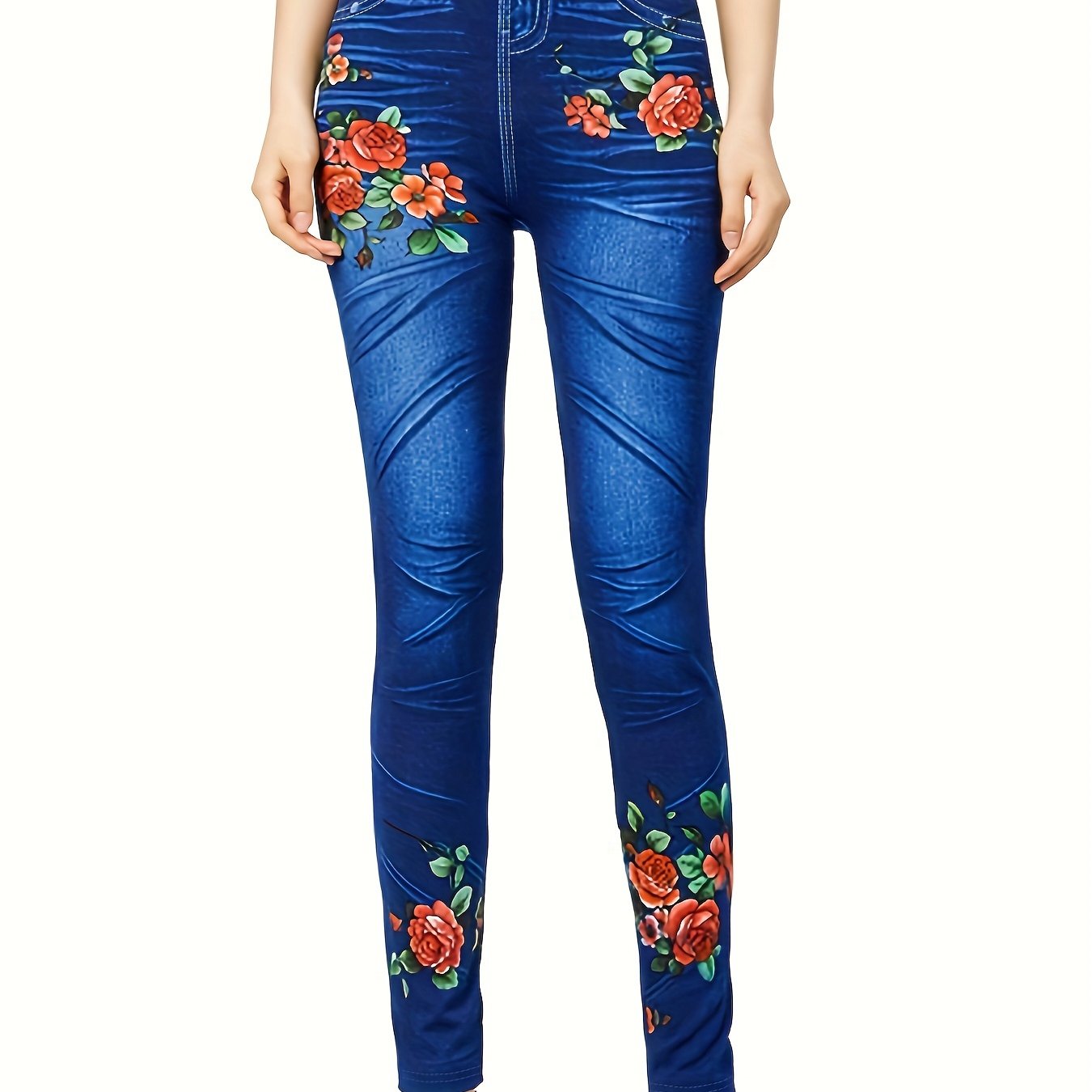 Floral Denim Print High Rise Stretch Leggings
