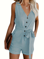 Bow Tie Jumpsuit V Neck Sleeveless Short Length Women's Clothing