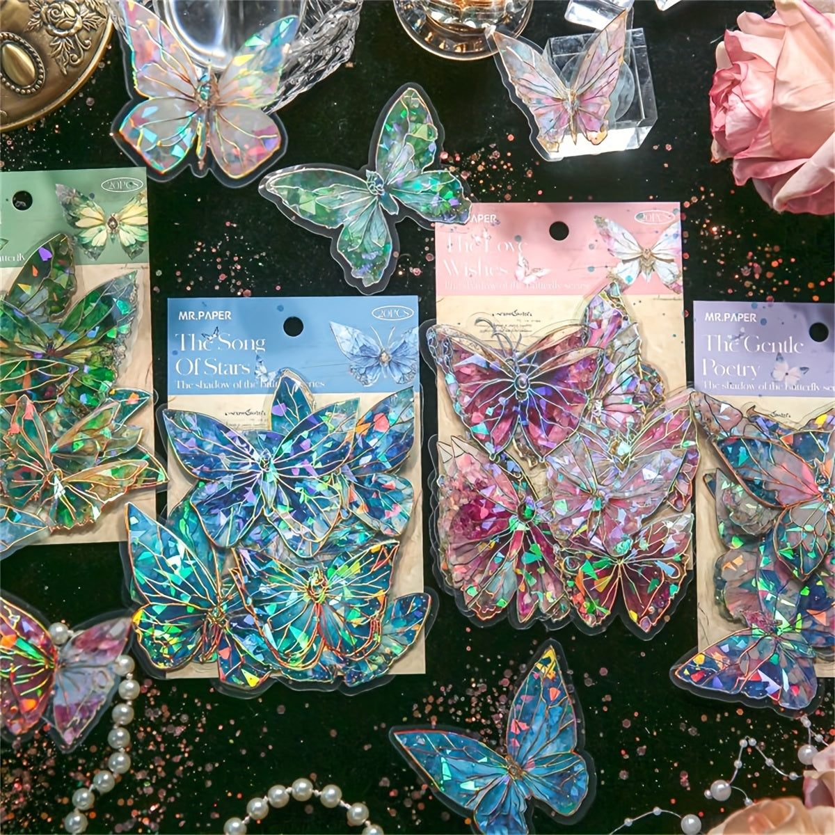 20pcs Gilded PVC Large Sticker Bag Butterfly Shadow Trail Series Retro Guka