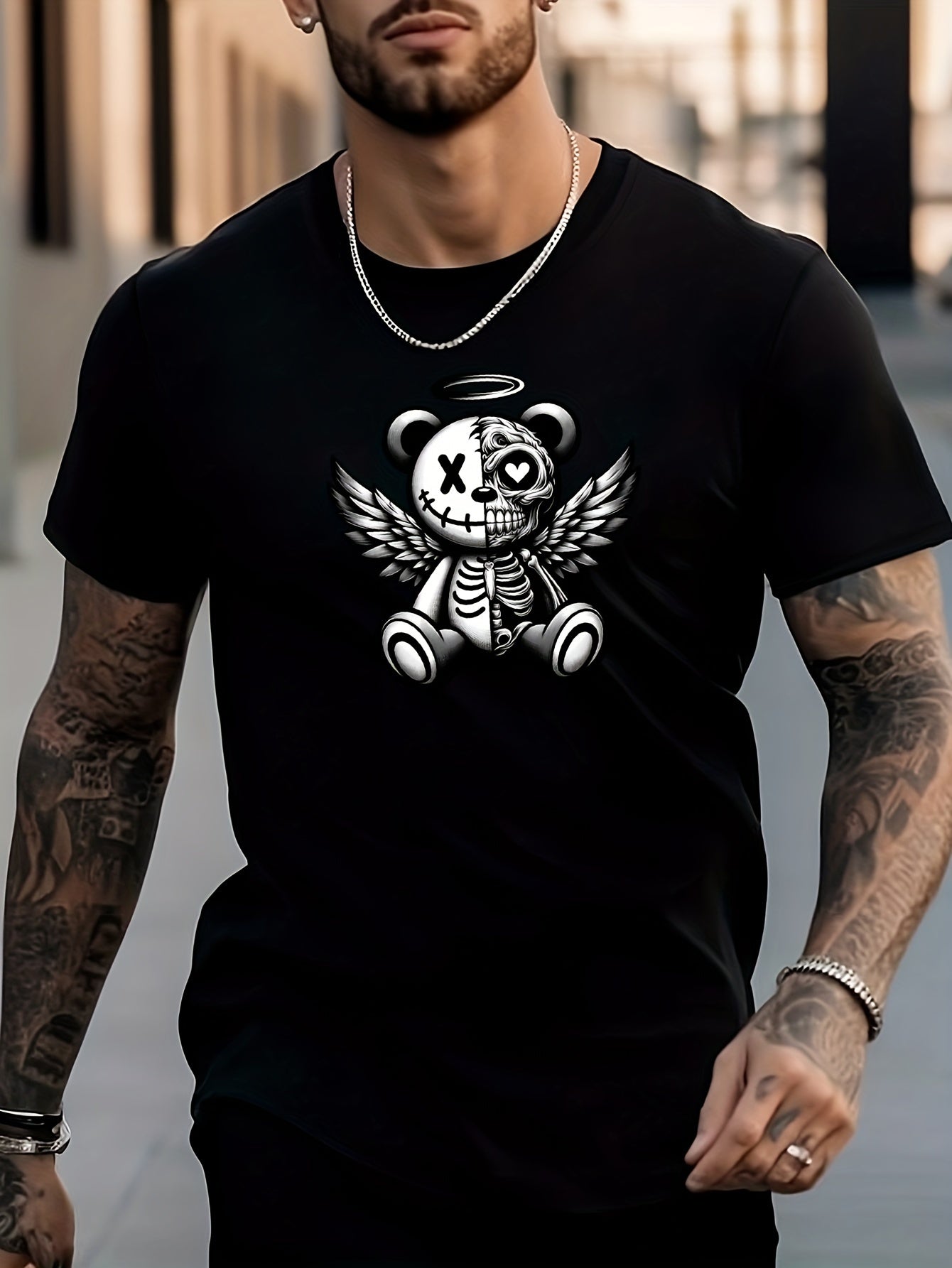 Men's Bear Pattern Shirt Casual Short Sleeve Tee Top
