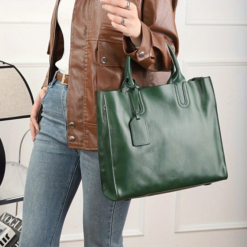 Vintage High Top Grain Leather Handbag Adjustable Strap Zipper Closure Tote