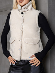 Plush Sleeveless Jacket with Dual Pockets for Women