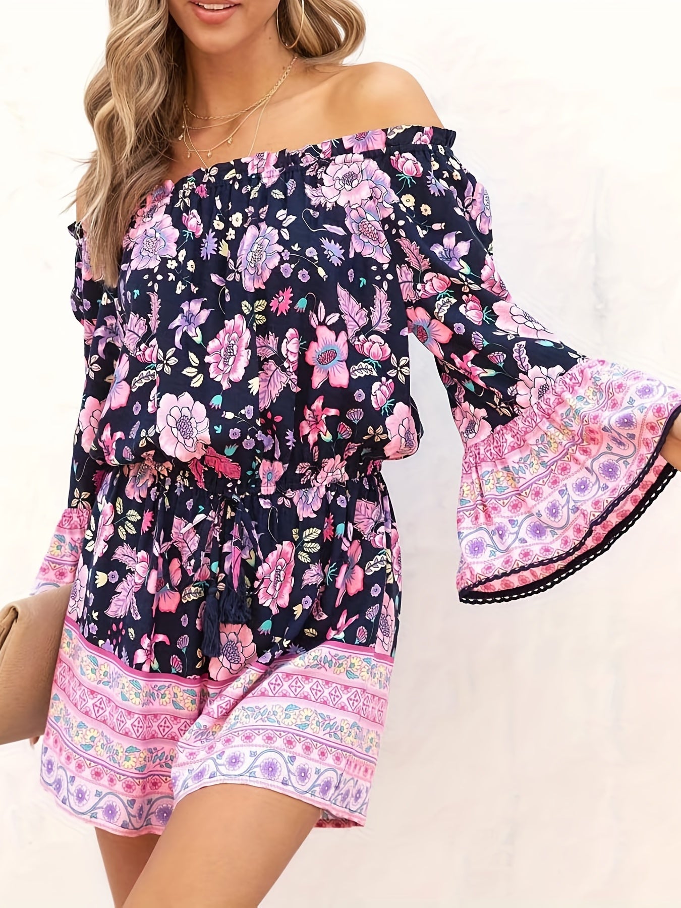 Off Shoulder Floral Print Romper Boho Long Sleeve Jumpsuit