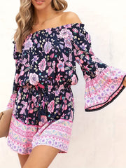 Off Shoulder Floral Print Romper Boho Long Sleeve Jumpsuit
