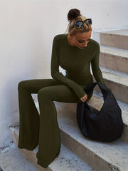 Backless Flared Leg Jumpsuit Sexy Long Sleeve Crew Neck Jumpsuit