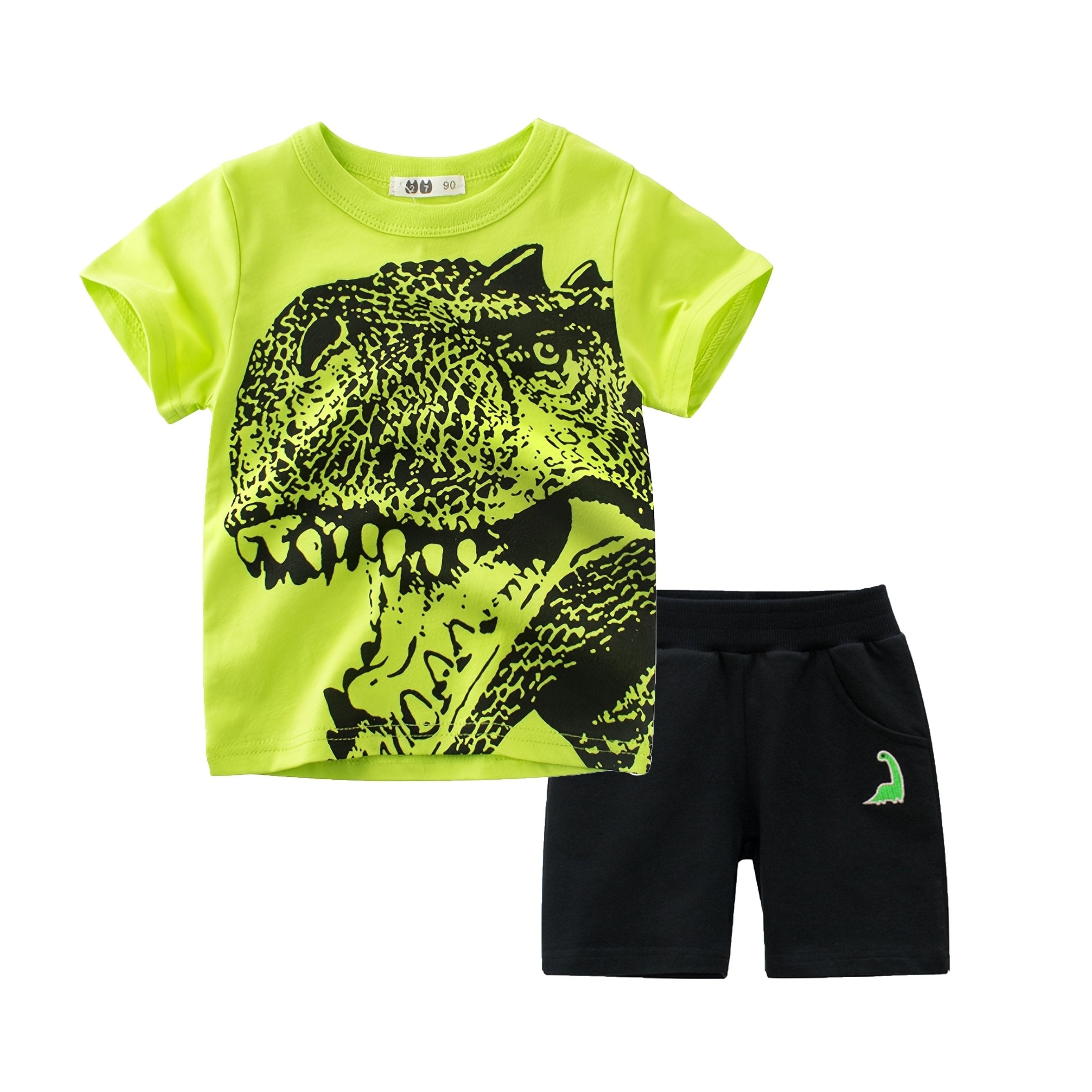 Dino Pattern Green Cotton T-shirt & Shorts Set For Boys Summer
