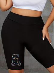 Casual Shorts Women's Plus Bear Print High Rise Skinny Sports Shorts
