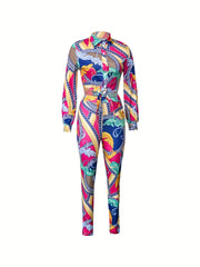 Graphic Print 2 Piece Set Shirt & Pants Spring/Fall Outfit