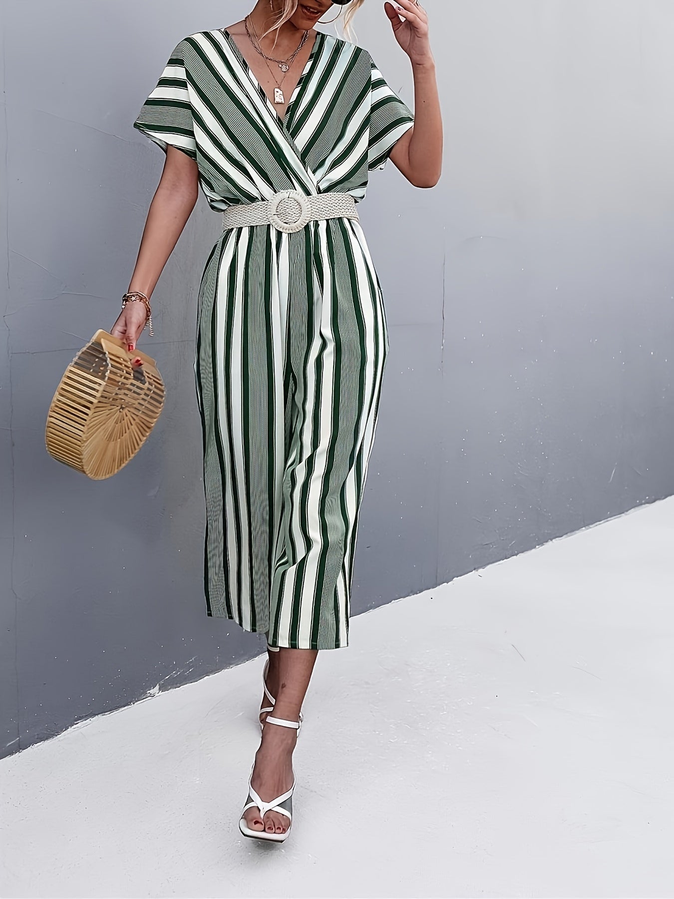 Striped Surplice Neck Belted Jumpsuit Casual Batwing Sleeve Jumpsuit