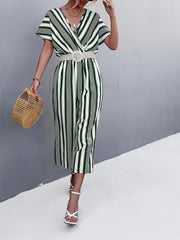 Striped Surplice Neck Belted Jumpsuit Casual Batwing Sleeve Jumpsuit