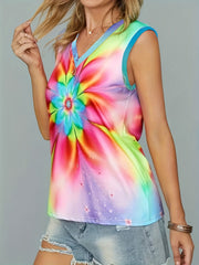 Women's Plus Tie Dye Floral Print V Neck Stretch Tank Top