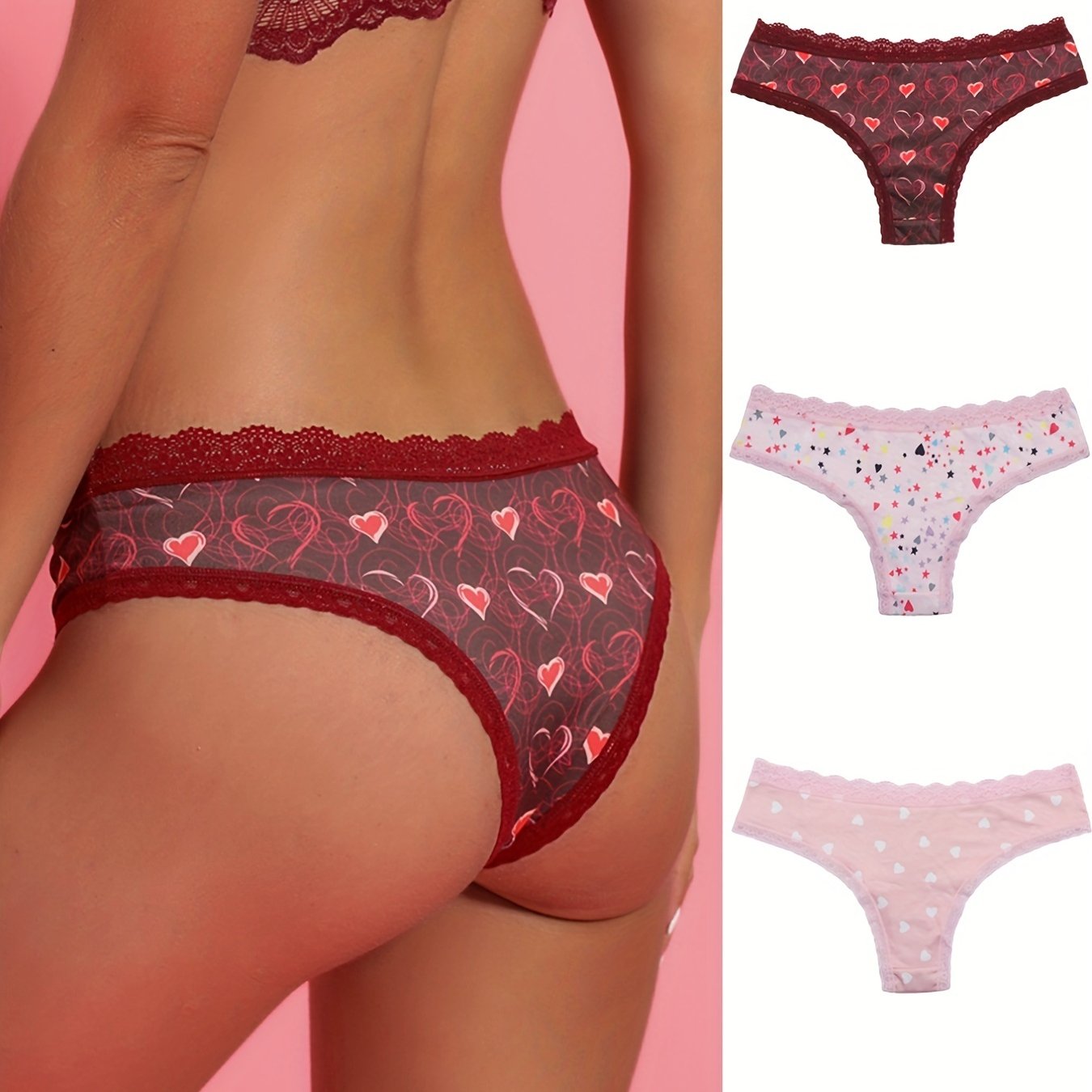 3pcs Heart Print Panties Lace Trim Sexy Low Waist Women's Lingerie