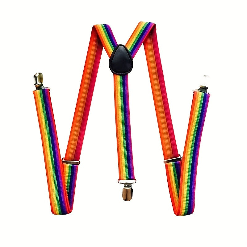 Men's Rainbow Elastic Suspenders Braces 3 Clips