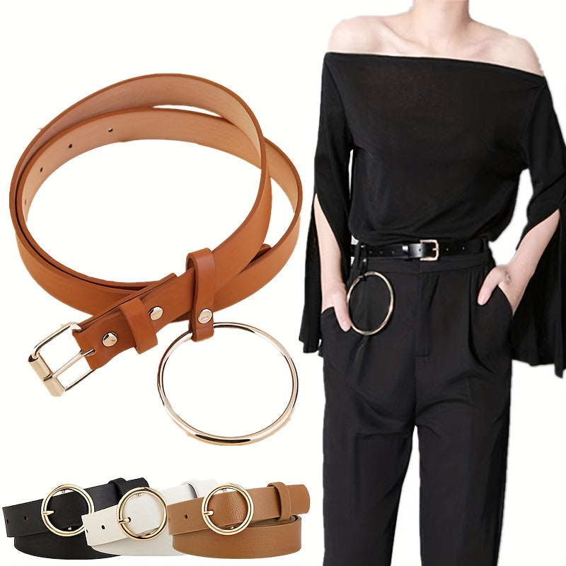 Square Pin Buckle Belt Big Ring Decor Casual Belt for Women