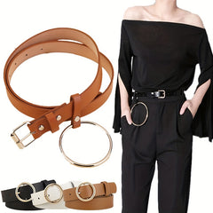 Square Pin Buckle Belt Big Ring Decor Casual Belt for Women