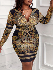 Baroque Print Long Sleeve Bodycon Midi Dress
