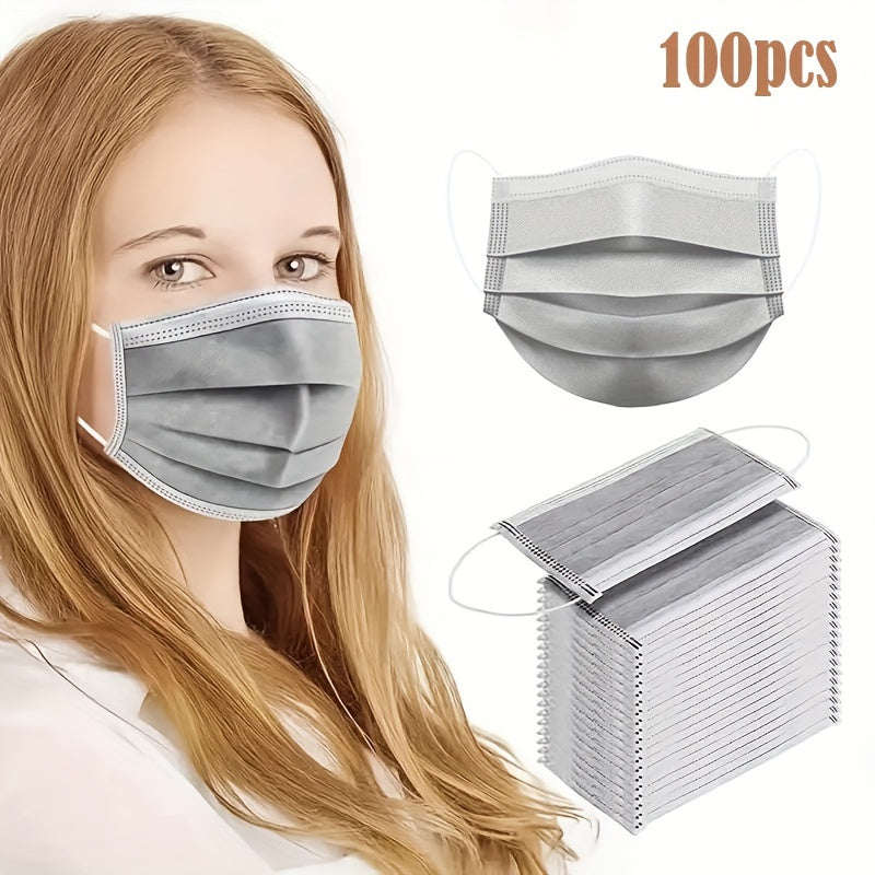100pcs Grey Disposable Face Masks 3 Ply Nose Mouth Cover Elastic Ear Loop