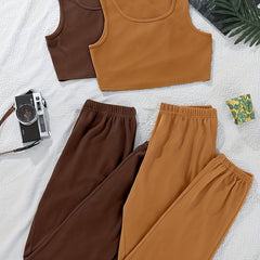 4 Pack Plus Size Basic Pajama Set Women's Plus Solid Crop Tank Top & Joggers