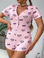 Heart & Eyelash Print Button-Up Bodysuit