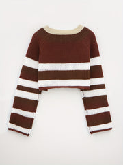Striped Crew Neck Eyelet Crop Sweater Casual Long Sleeve Raglan Shoulder Sweater