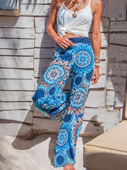 Boho Floral Print Loose Straight Pants Elastic High Waist