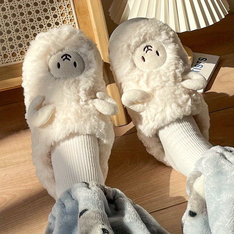 Cartoon Lamb Decor Slippers Plush Lined Slip On Shoes