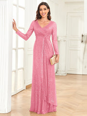 Sequins V Neck Evening Dress Long Sleeve Waist Guest Prom Cocktail Floor Length
