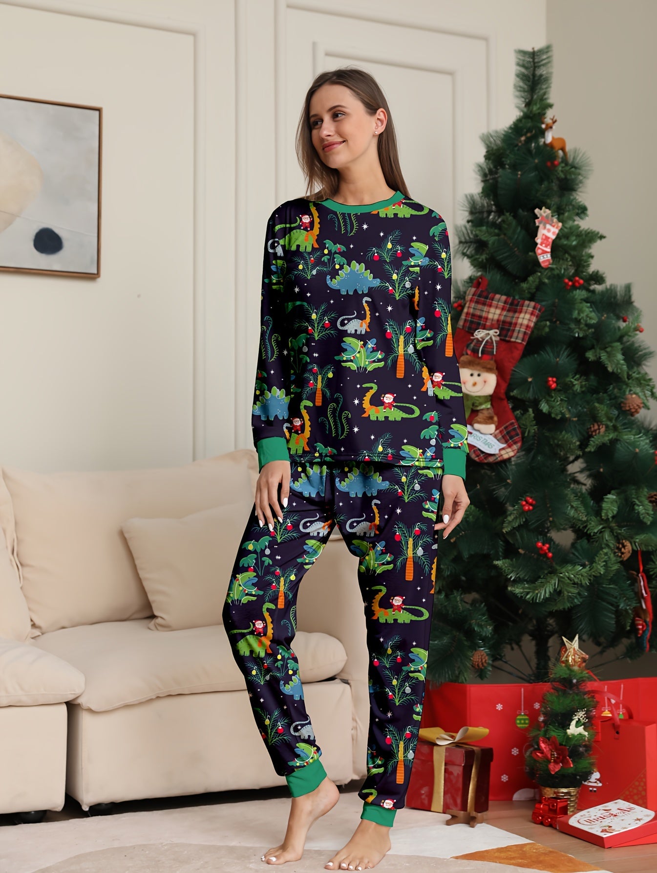 Dino Print Pajama Set Long Sleeve Crew Neck Top & Pants Women's Sleepwear