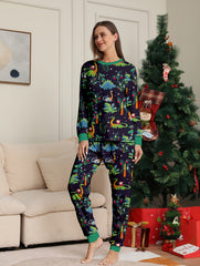 Dino Print Pajama Set Long Sleeve Crew Neck Top & Pants Women's Sleepwear