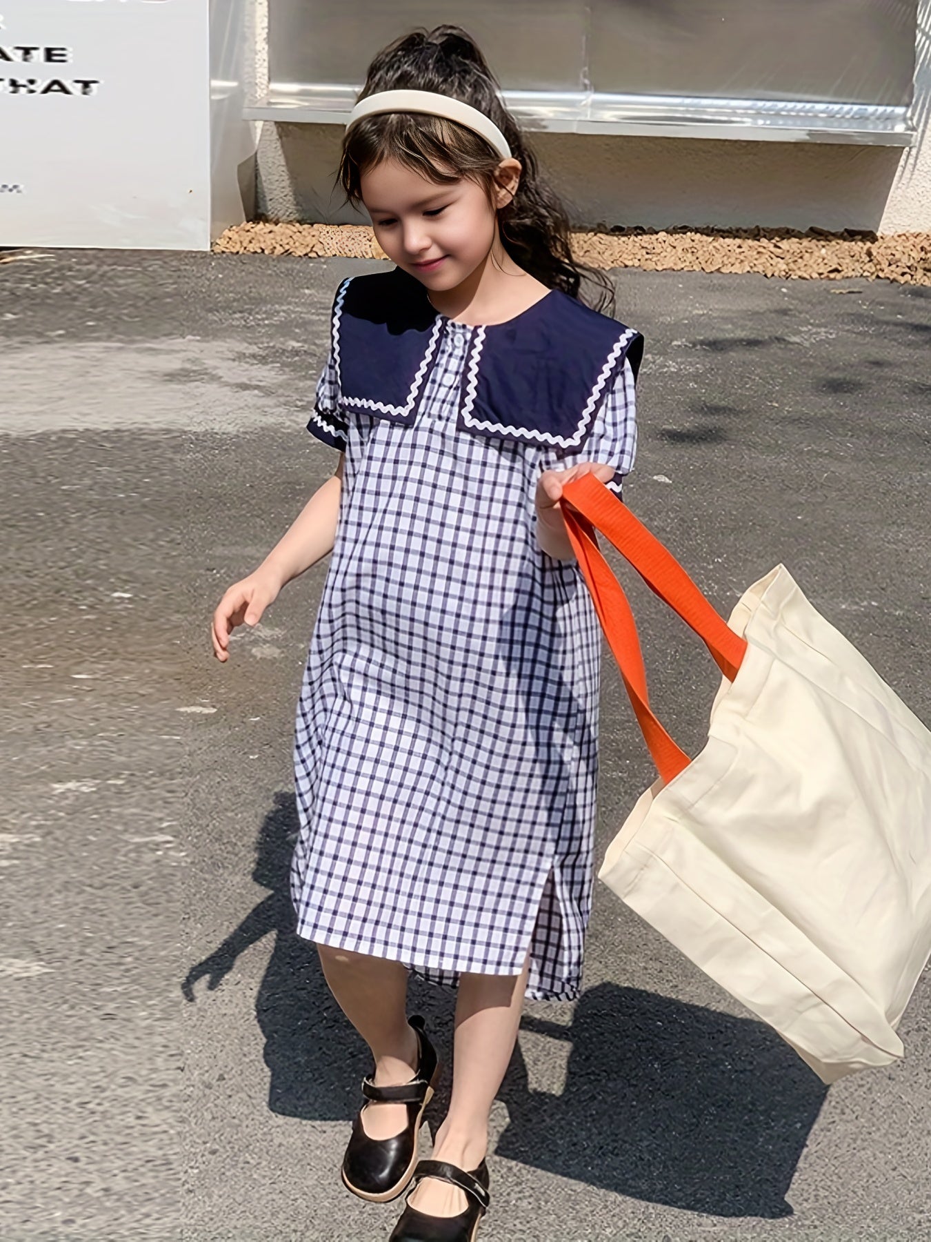 Girl's Plaid Princess Dress Puff Sleeve Button Up Summer Clothing