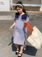 Girl's Plaid Princess Dress Puff Sleeve Button Up Summer Clothing