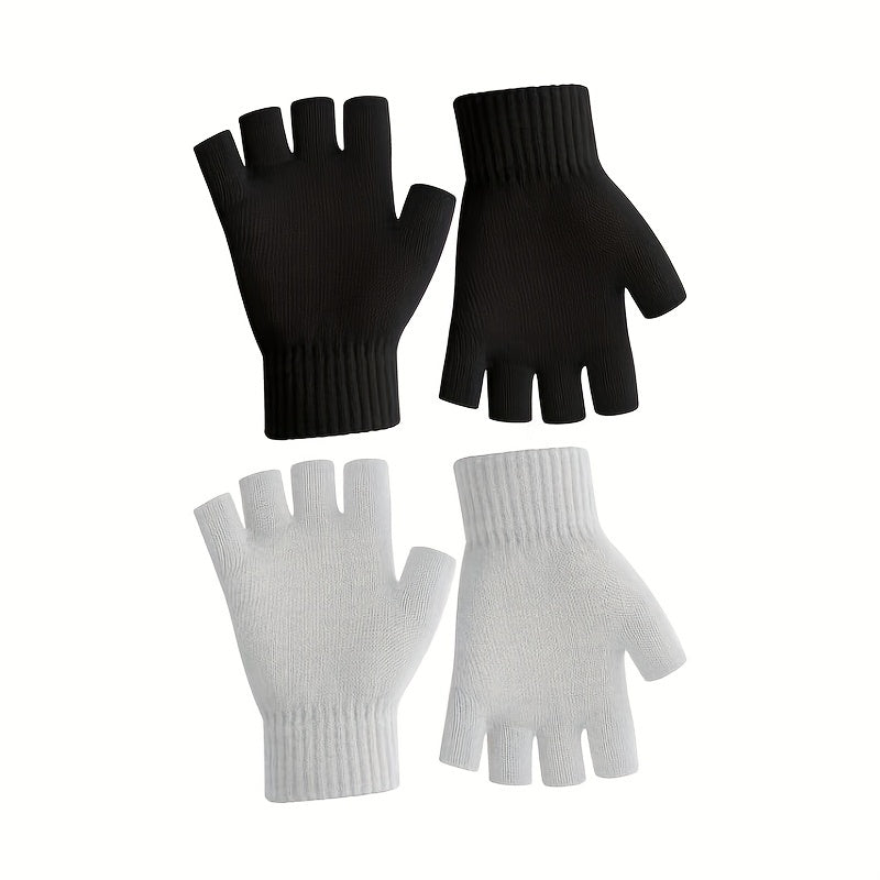 2pairs Men's Winter Fingerless Gloves Knitted Typing Half Finger Gloves