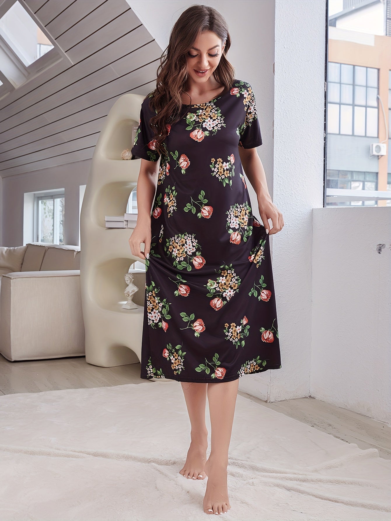 Floral Print NightDress Short Sleeve Pajama Dress Women's Sleepwear