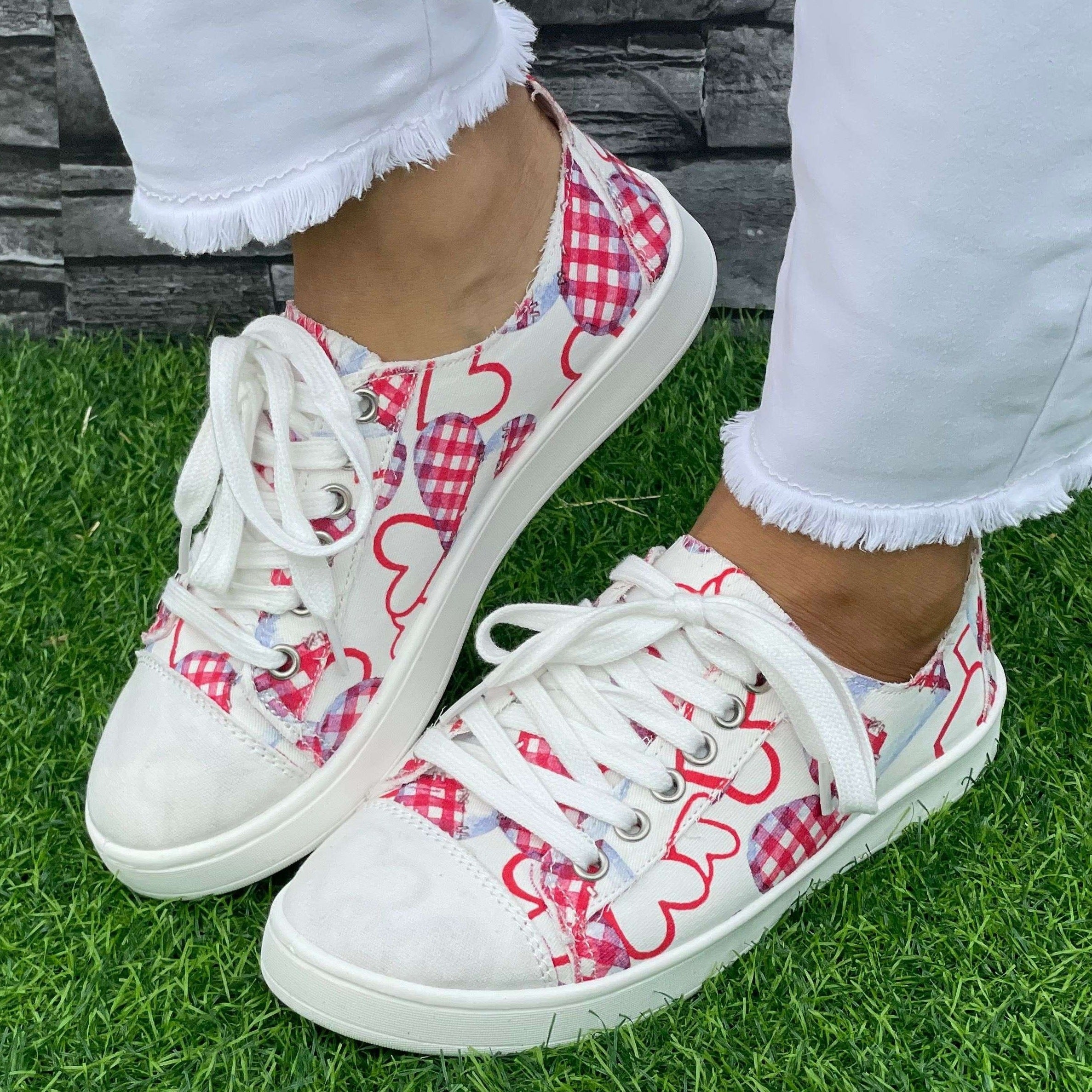 Pink Plaid Love Heart Pattern Flat Shoes Women's Casual Shoes