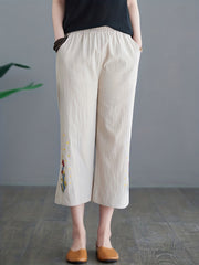 Floral Embroidered Wide Leg Pants High Waist Cropped